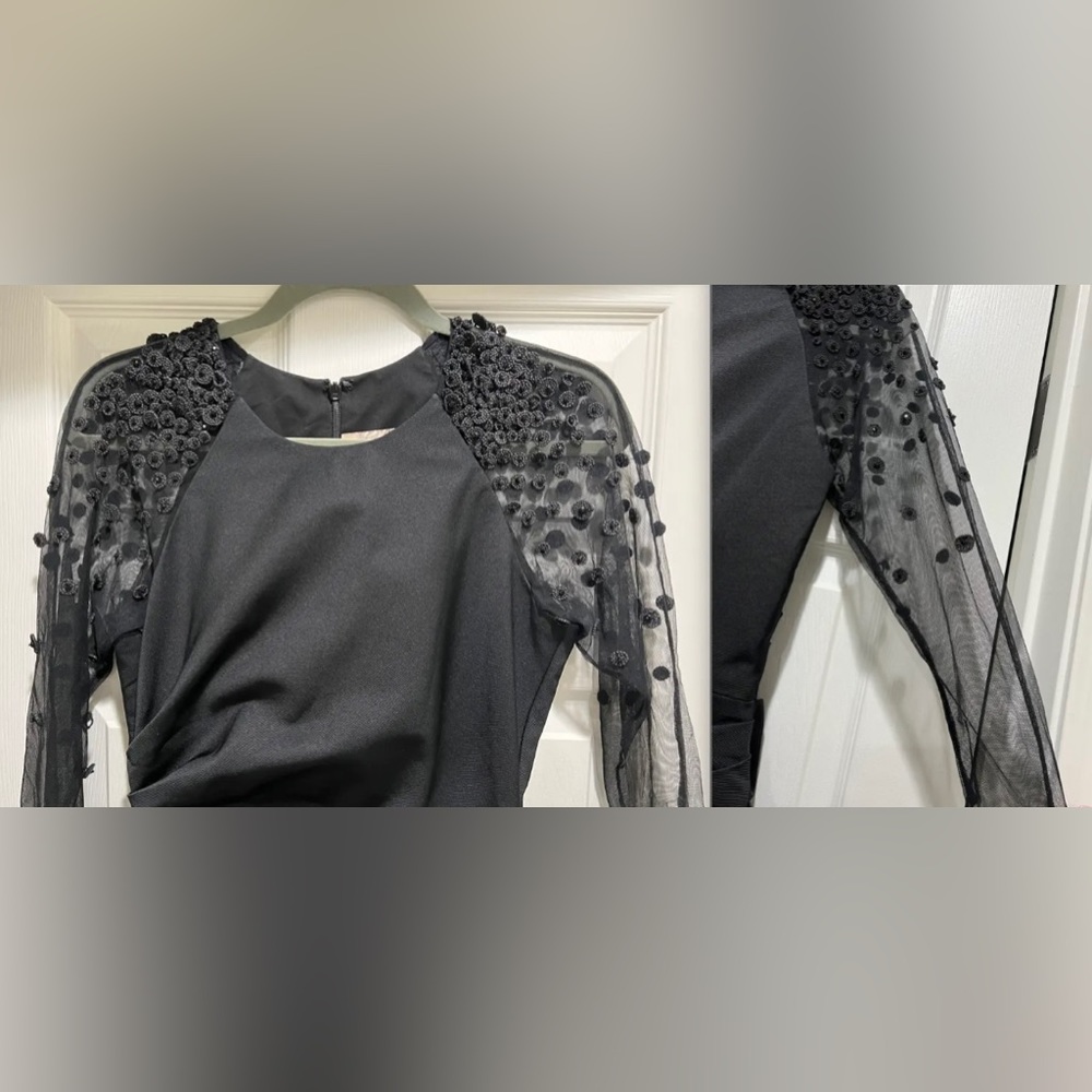HOT Lela Rose Embellished Beaded Mesh Sleeve Ruched Sheath Black Dress $1695+! - Picture 4 of 12